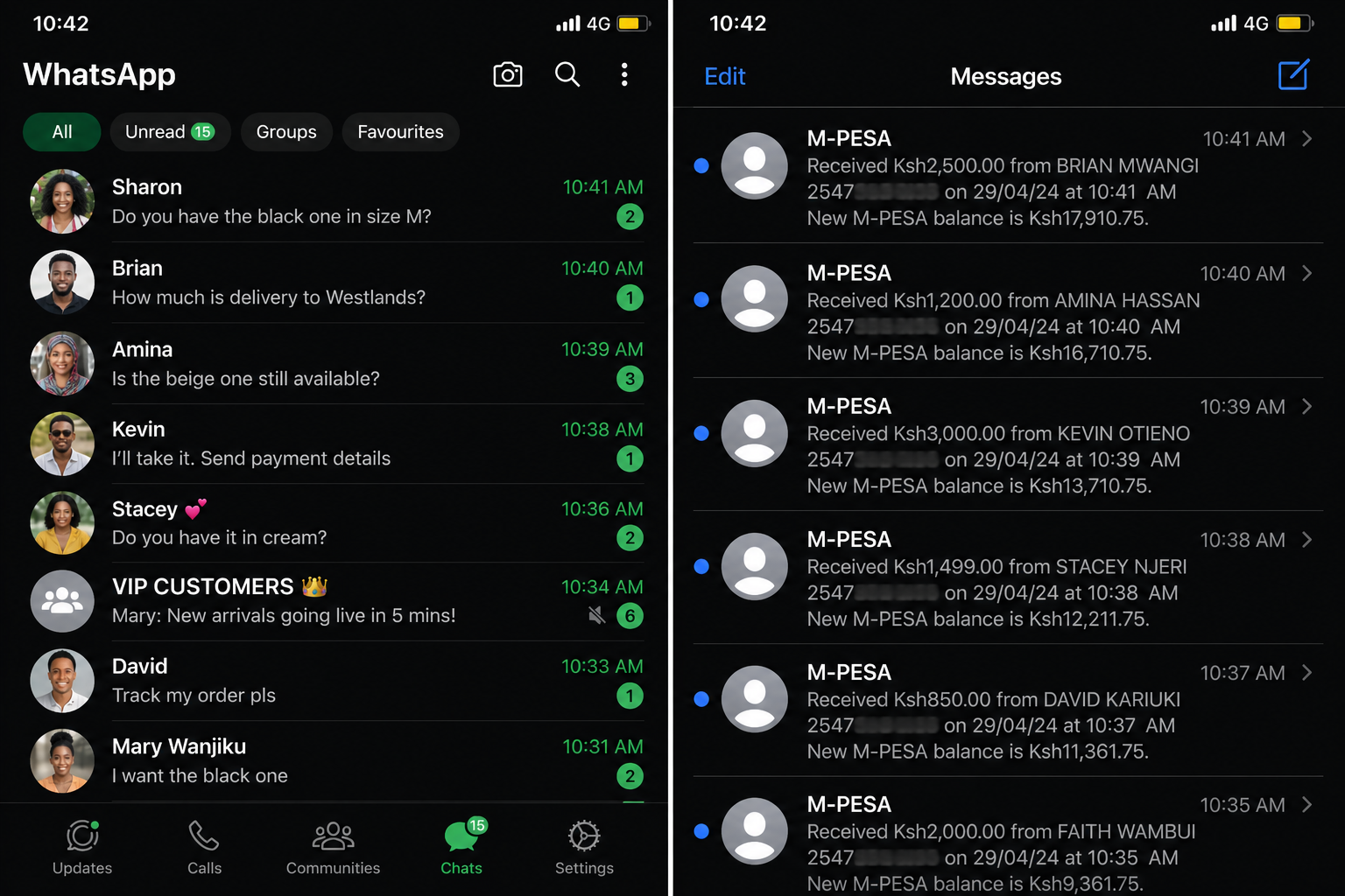 WhatsApp messages and M-Pesa payment confirmations side by side