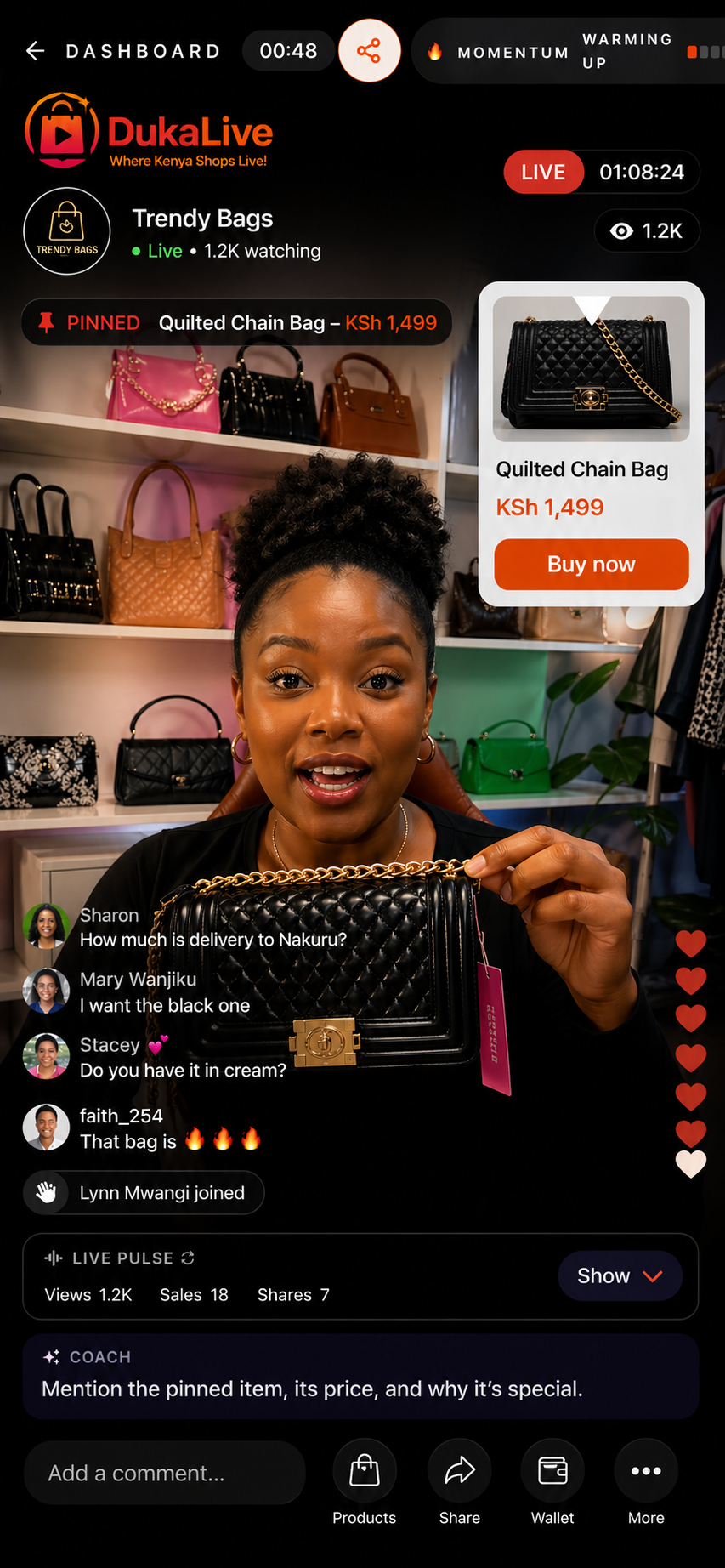DukaLive live selling screen