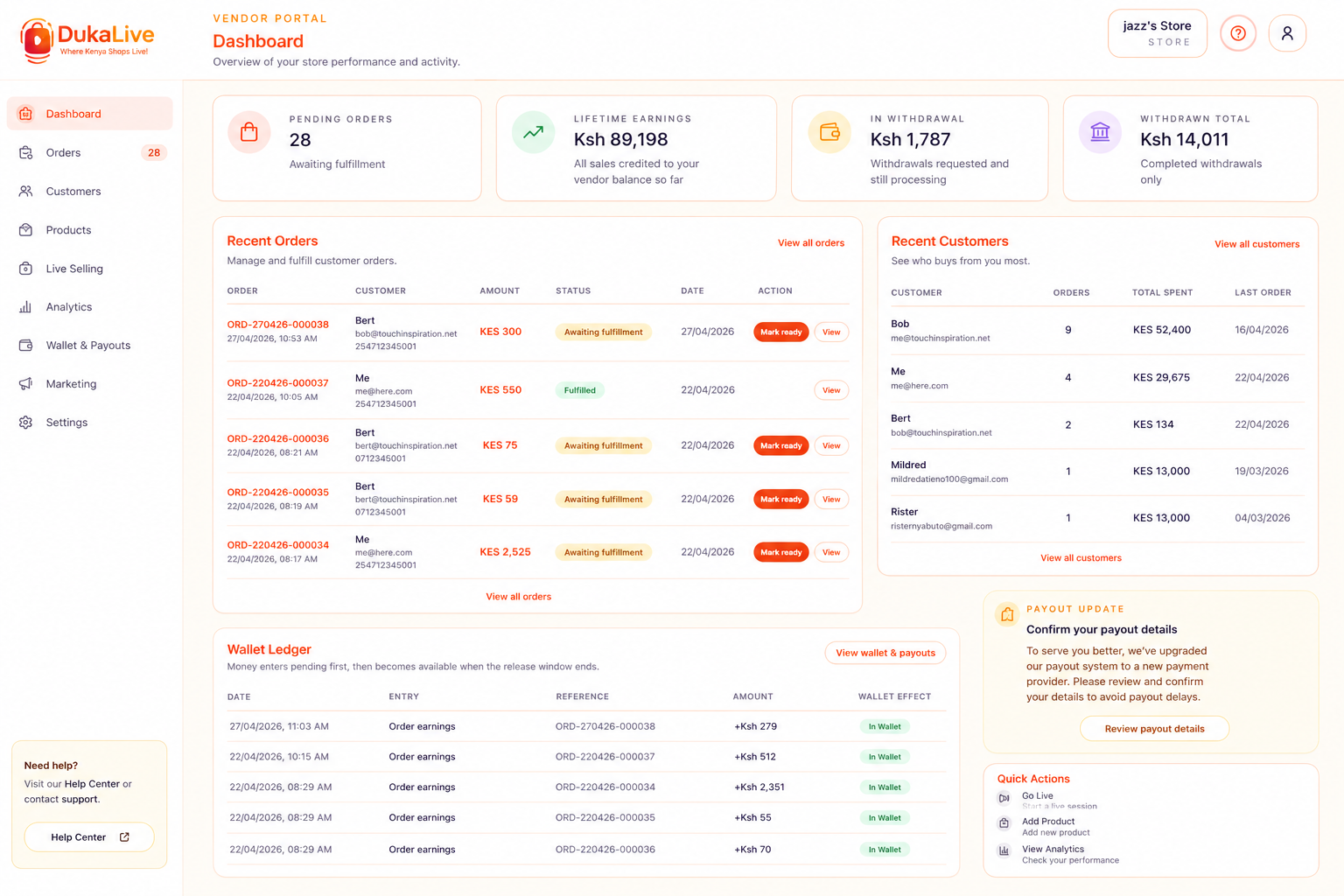 DukaLive vendor dashboard showing orders, wallet, customers and earnings